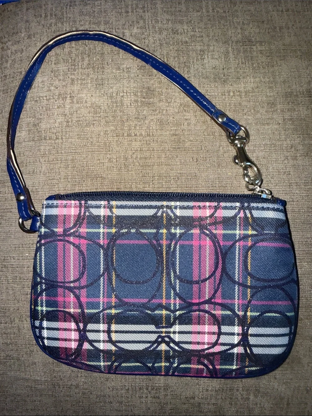 Coach Tartan Plaid blue and Pink Wristlet